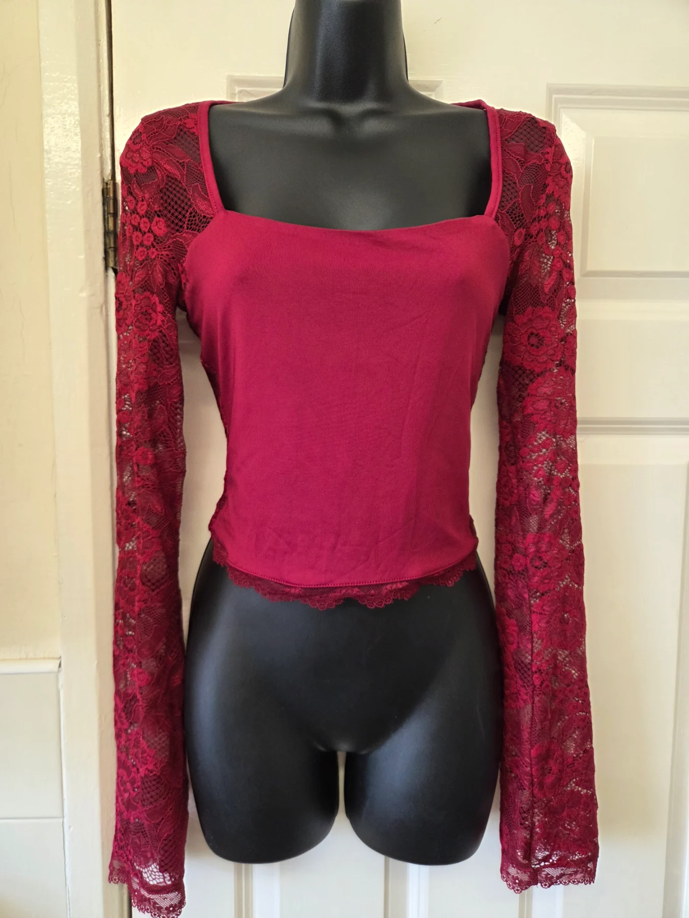Burgundy Square Neck Crop Top with Sheer Floral Lace Long Sleeves - Size XS