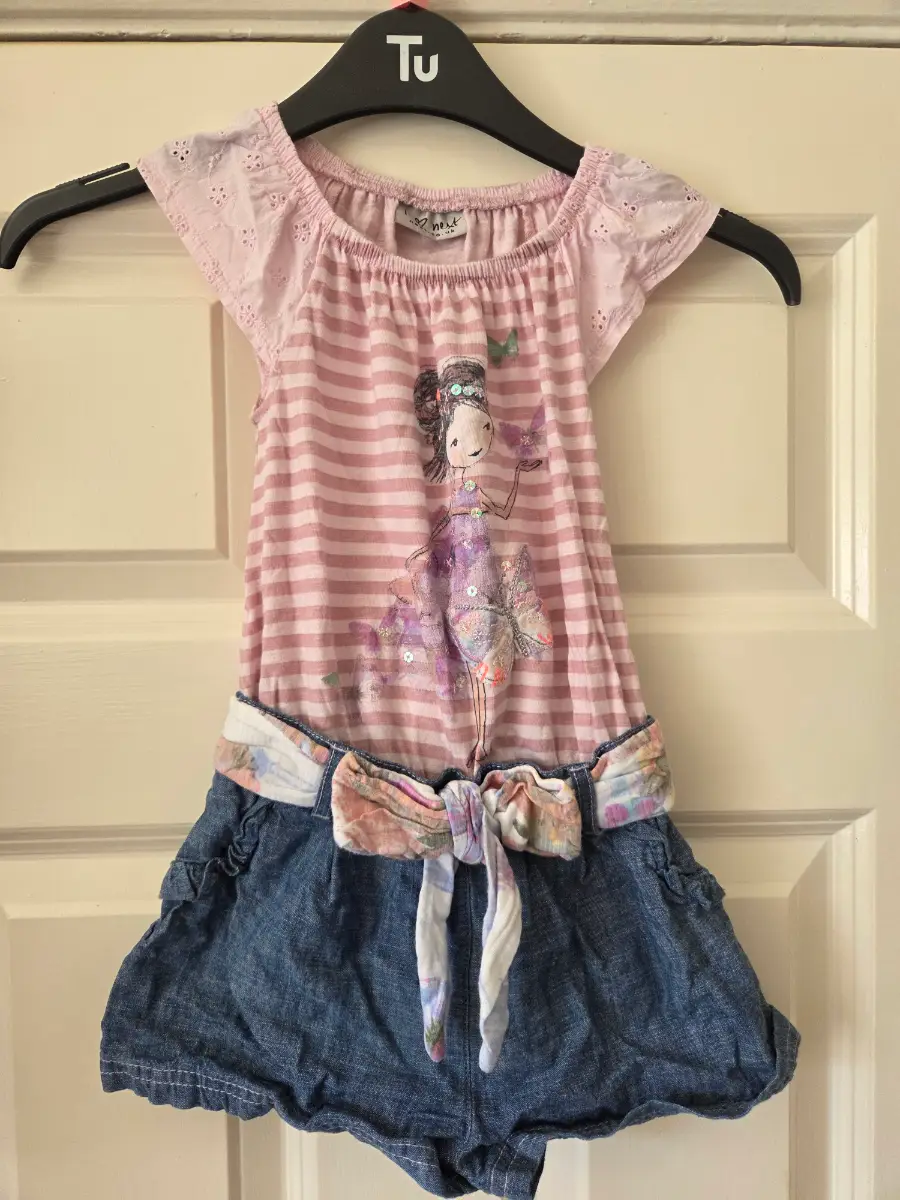 Next Girls Pink Striped Doll Playsuit Romper. Size 12-18 months