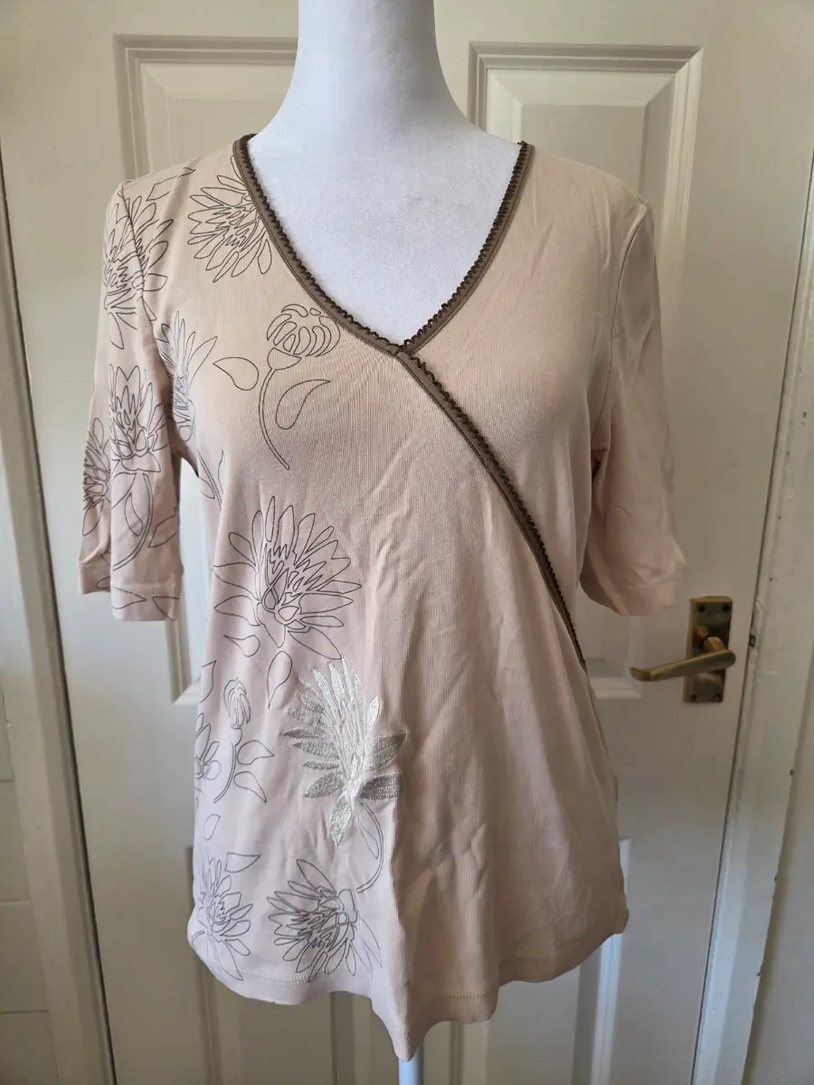 BHS Beige Floral Embroidered Mock Wrap Top - Size 14