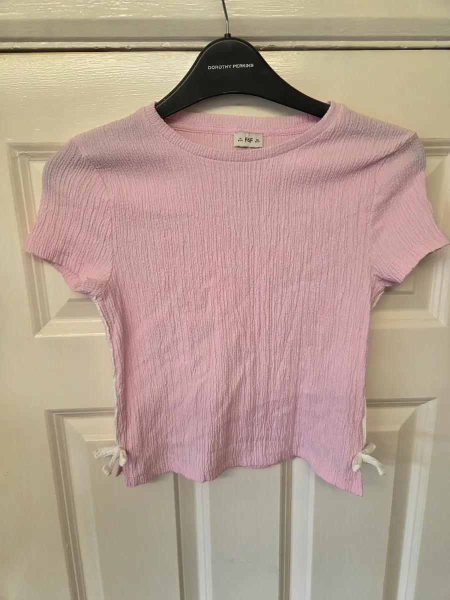 F&F Girls Pink Crinkle Textured Top with Side Bows  Aged 10-11 years