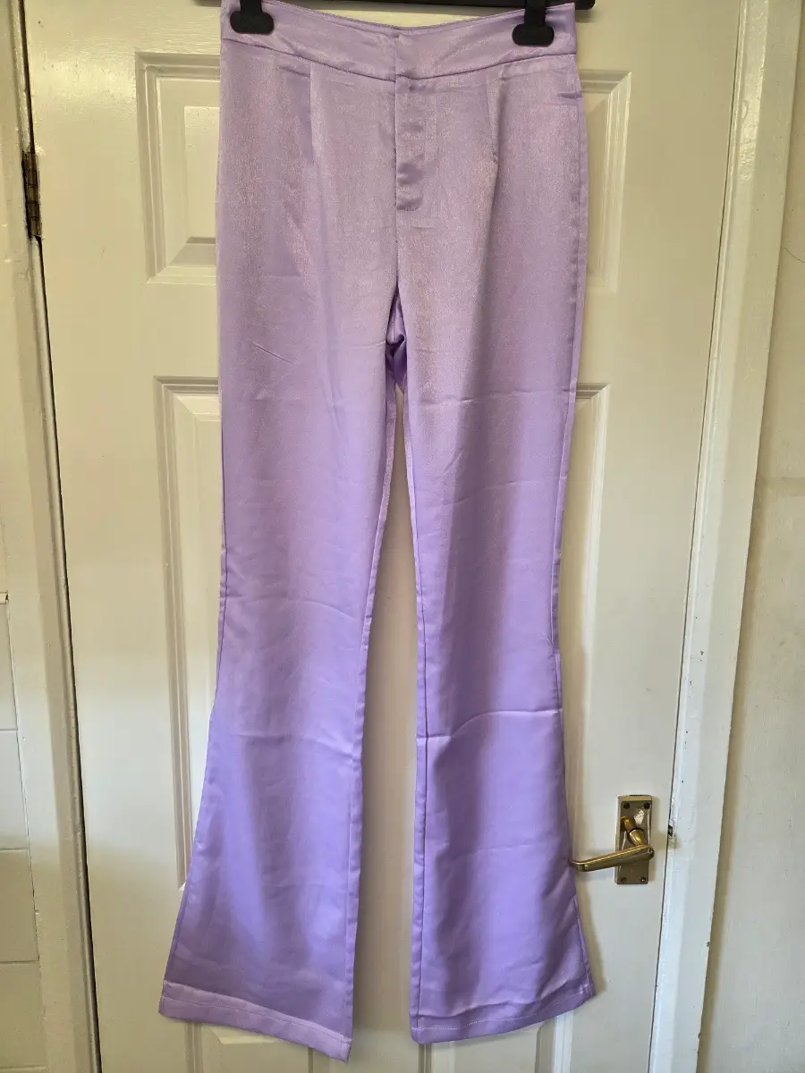 Murci Lilac Satin Flare Trousers. Size 8