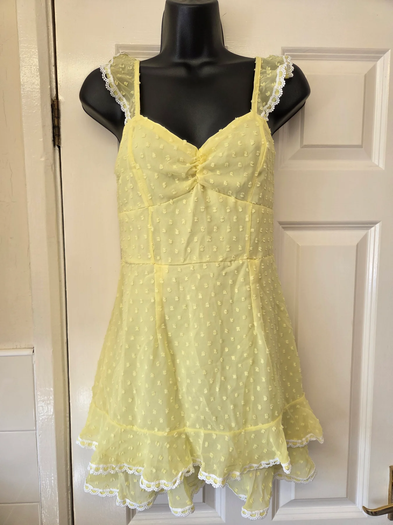 Yellow Swiss Dot Ruffle Mini Dress with Lace Trim. Size Small