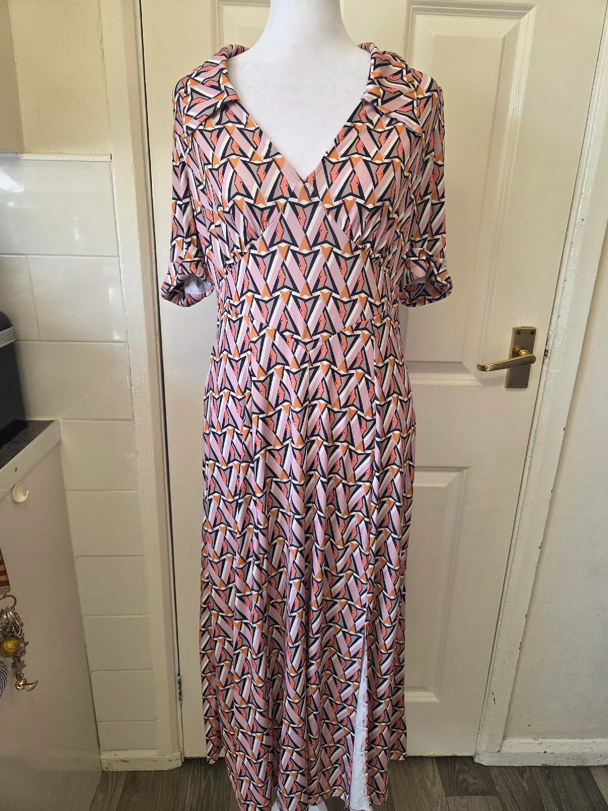 ASOS Pink & Orange Geometric Print Midi Dress. Size 10