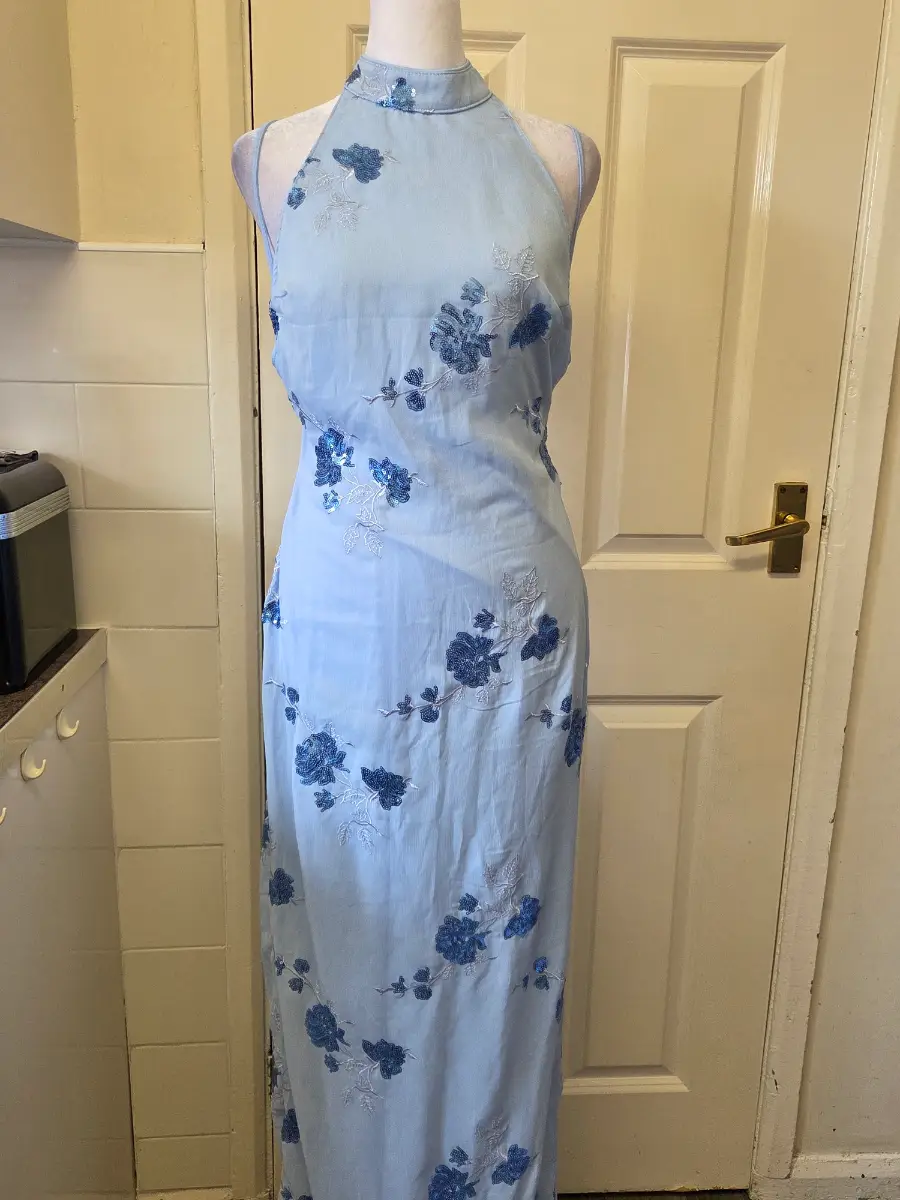 Shein Light Blue Floral Applique Halter Neck Maxi Summer Dress. Size Small