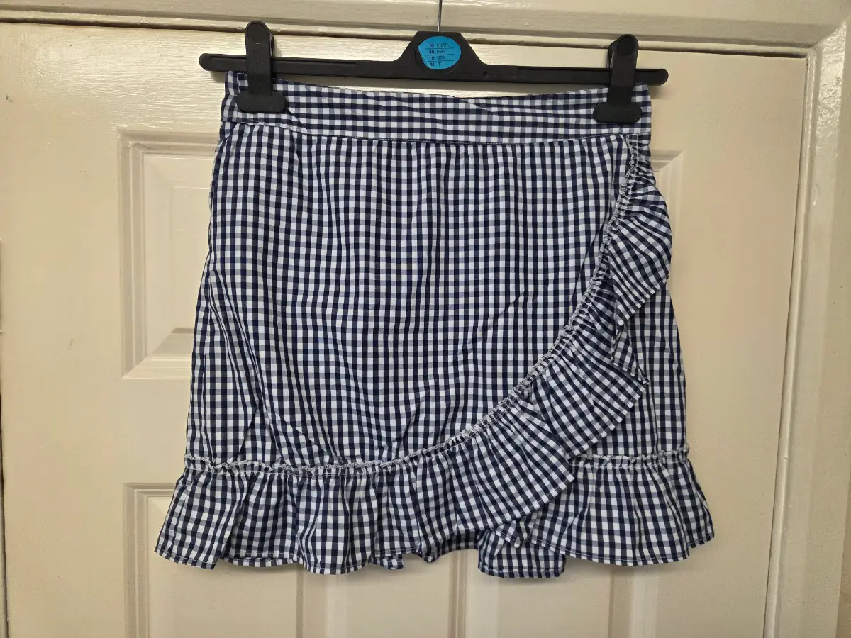 QED London Blue Gingham Ruffle Wrap Mini Skirt. Size 10