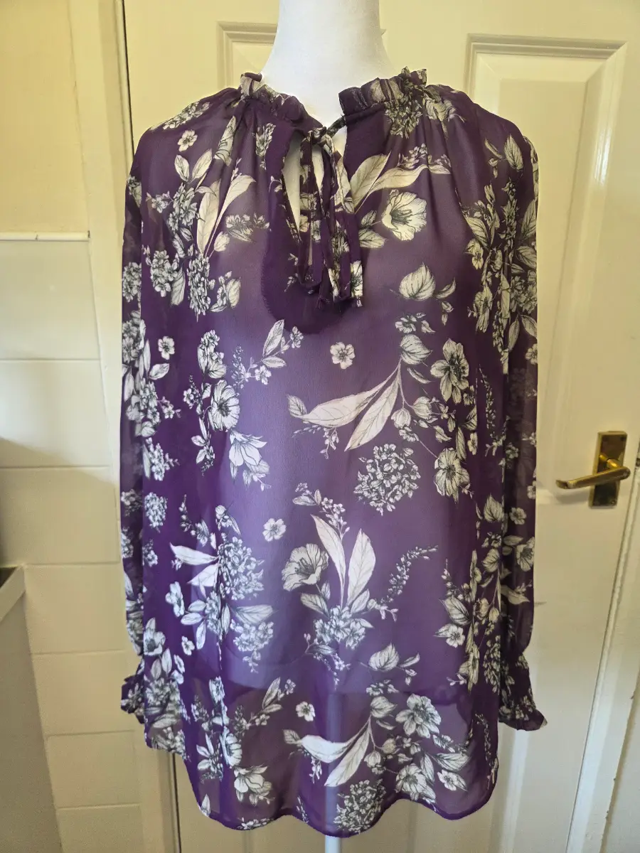 Marina Kaneva Purple Floral Chiffon Blouse. Size 12