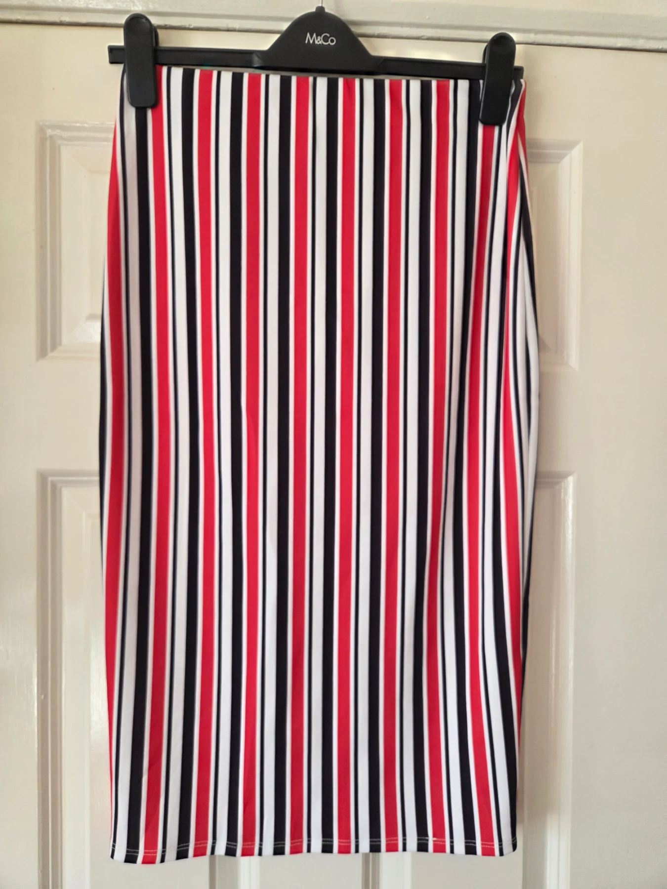 Marina Kaneva Red, Black & White Vertical Striped Pencil Skirt. Size 10
