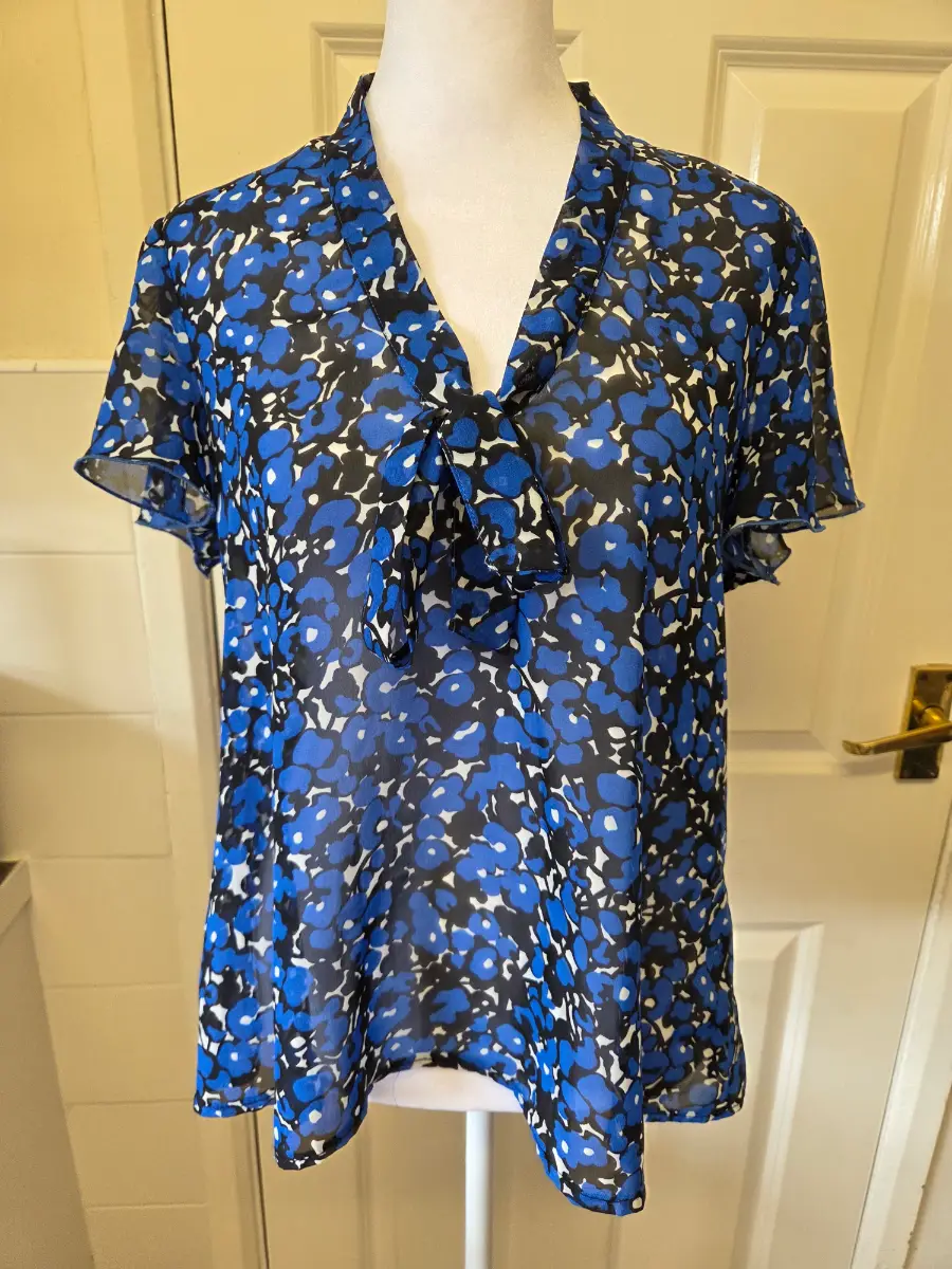 Vintage BHS Royal Blue Floral Tie-Neck Blouse. Size 12