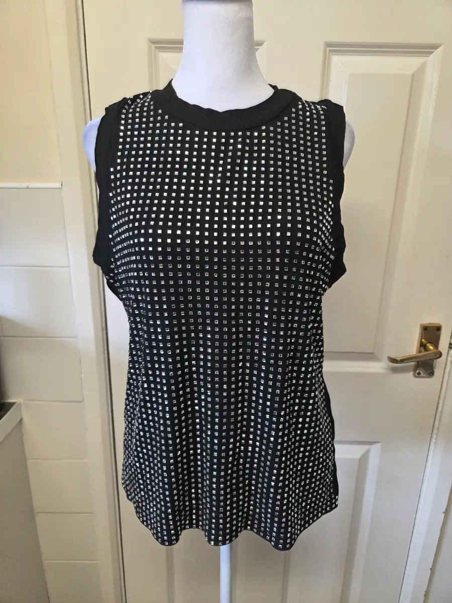 Chic Me Black Rhinestone TankTop Slim Fit Party Vest Y2K. Size XXL (UK18-20)
