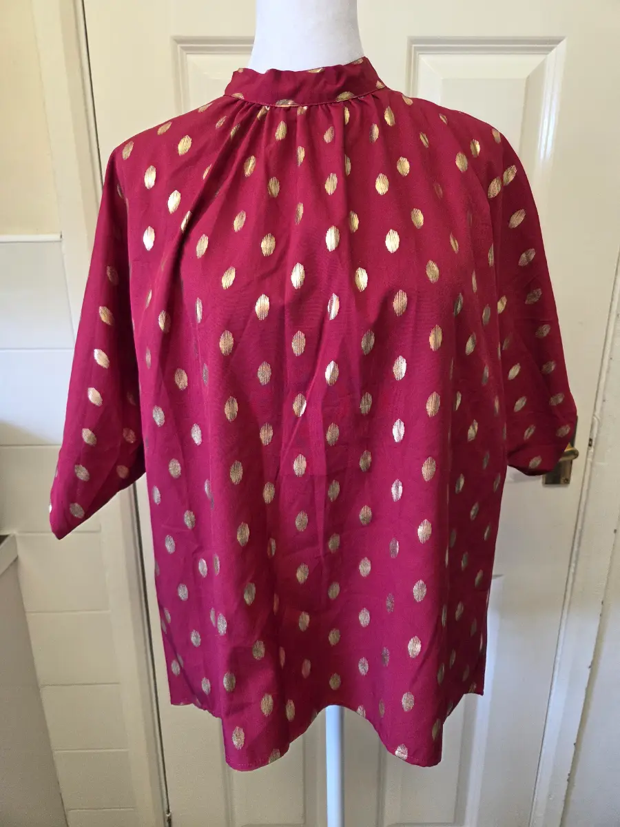 Shein Berry Red & Gold Foil Polka Dot Mock Neck Blouse. Size L (UK12-14)