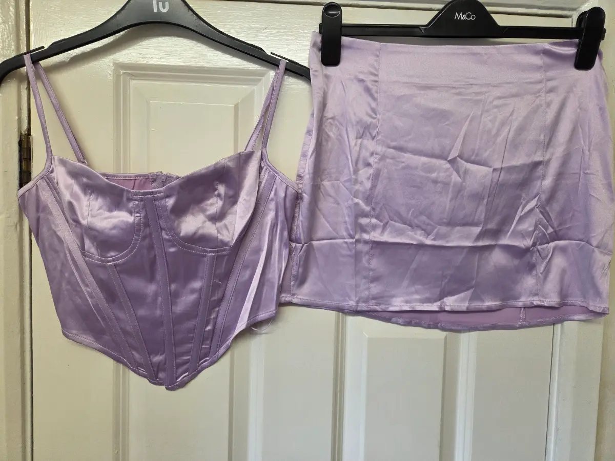 Katch Me Lilac Satin Co-ord Set- Corset Top & Mini Skirt. Size 12
