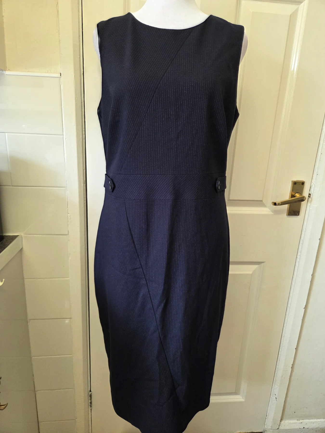 Next Tailoring Navy Blue Pinstripe Smart Shift Dress Size 12R Office Workwear
