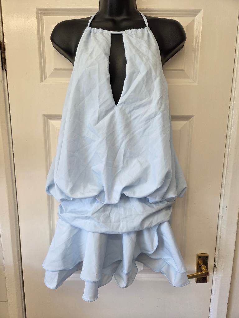 Pastel Blue Blouson Backless Ruffle Skirt Dress. Size Small
