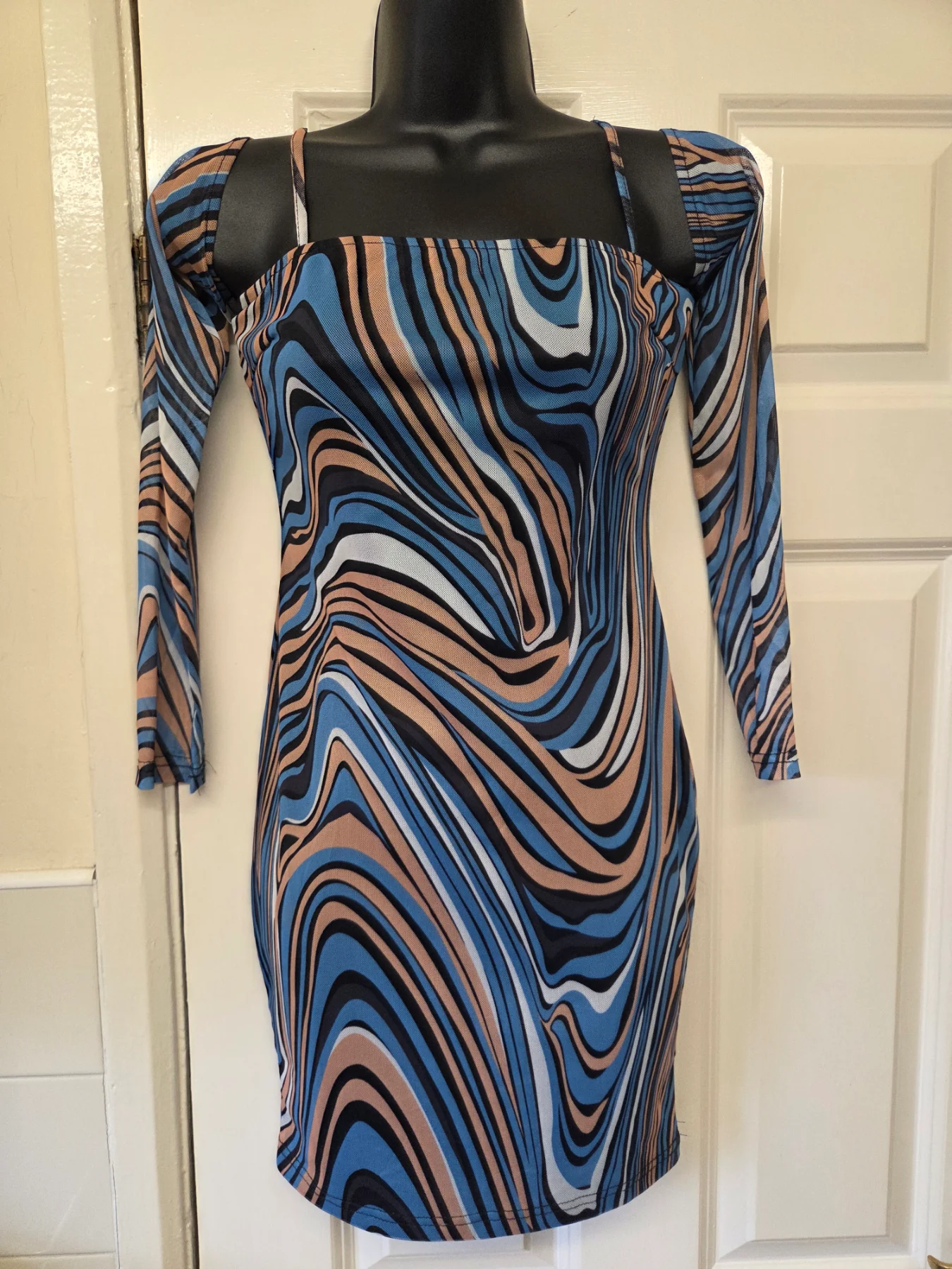 NaaNaa Blue and Brown Swirl Mesh Bodycon Mini Dress. Size 6