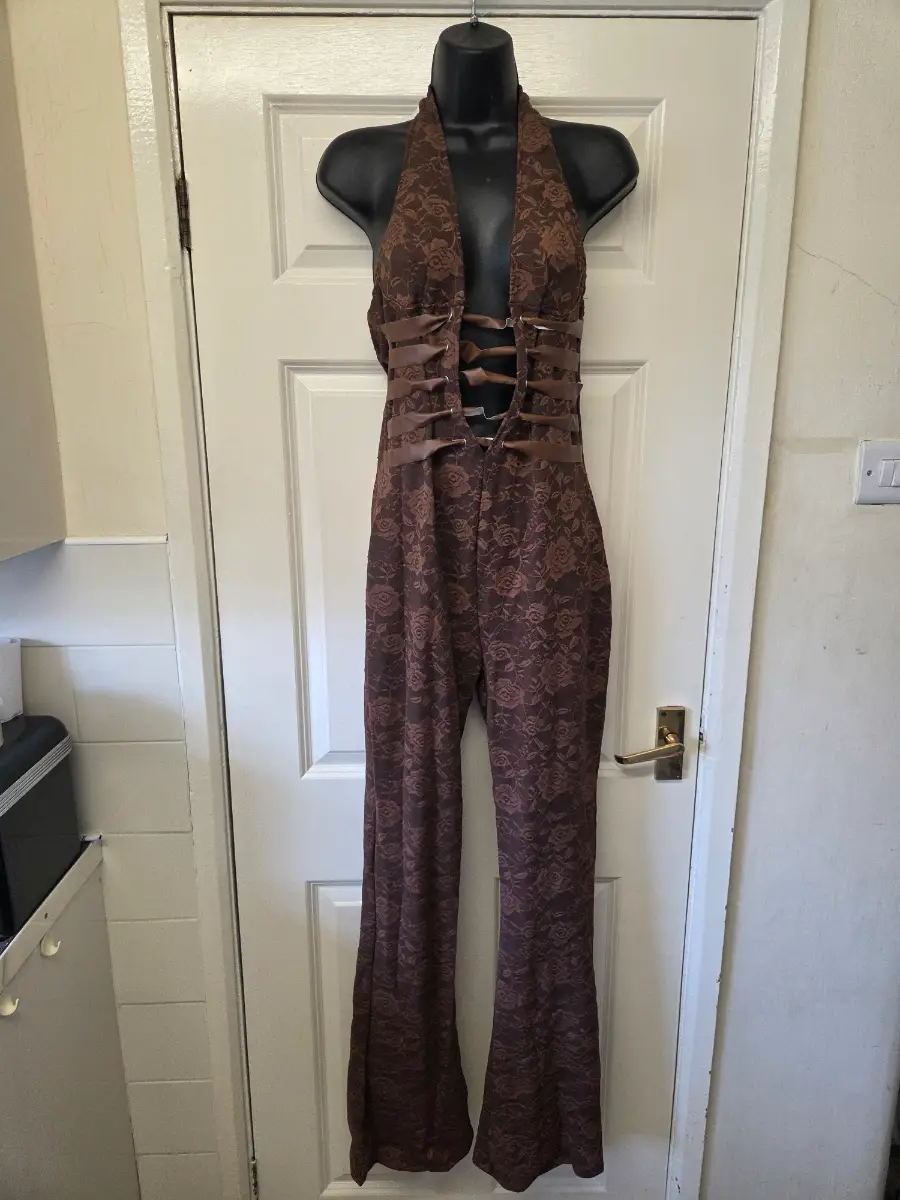 Y2K Style Mocha Brown Lace Flare Retro Jumpsuit. Size L (UK12)