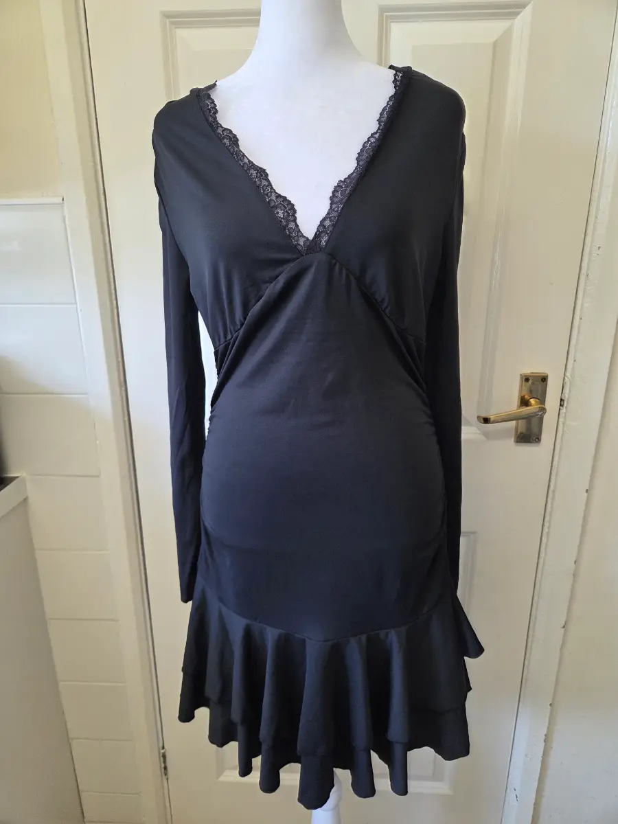 Shein Black Long Sleeve Lace V-Neck Ruffle Mini Dress. Size L (UK12-14)