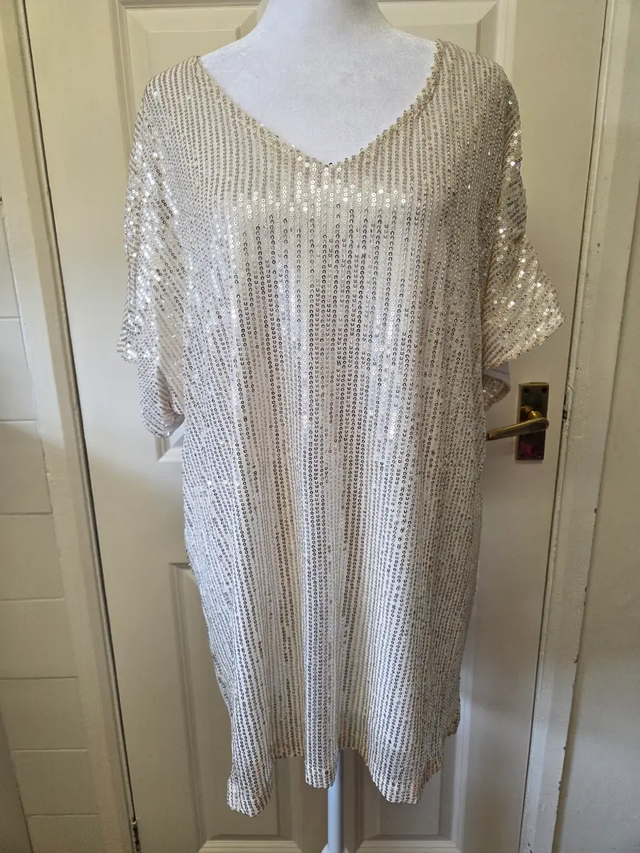 Sparkly Gold Sequin Oversized V-Neck Tunic Top XL UK 18-20