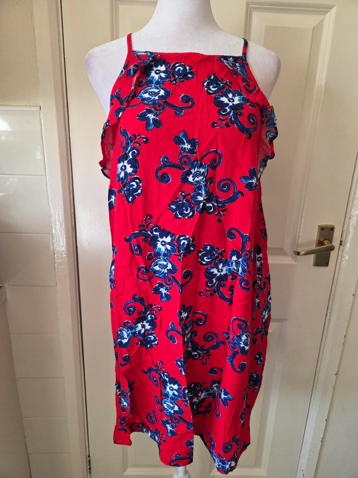 Papaya Red & Blue Floral Halter Neck Summer Dress. Size 14