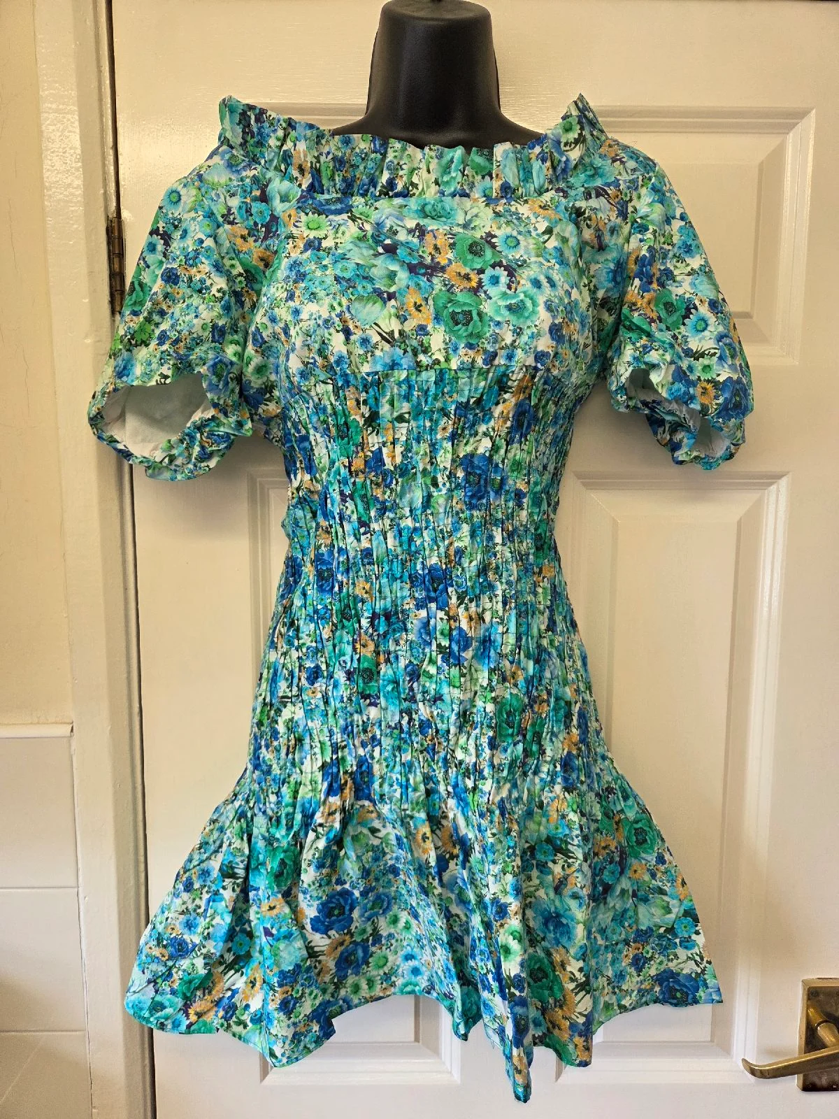 Zara Smocked Blue & Green Floral Puff Sleeve Mini Dress Size Small