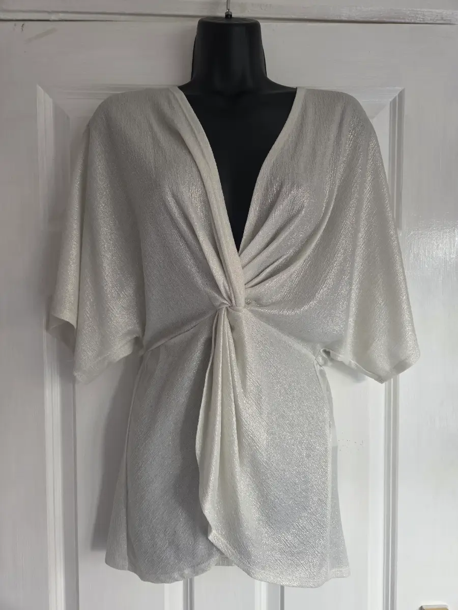 New Look Silver Metallic Plisse Twist Front Top. Size 8
