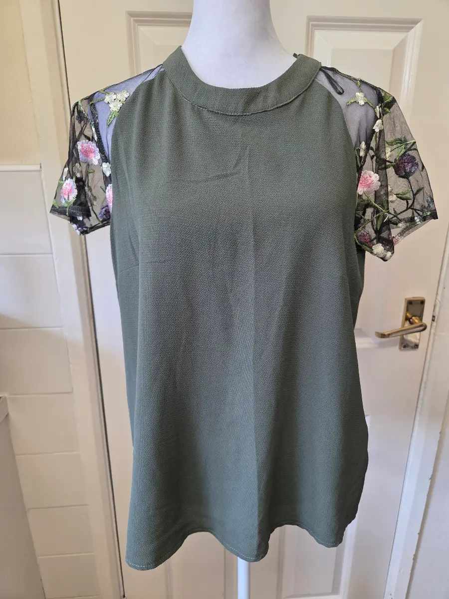Select Khaki Olive Top with Embroidered Mesh Floral Sleeves. Size 10