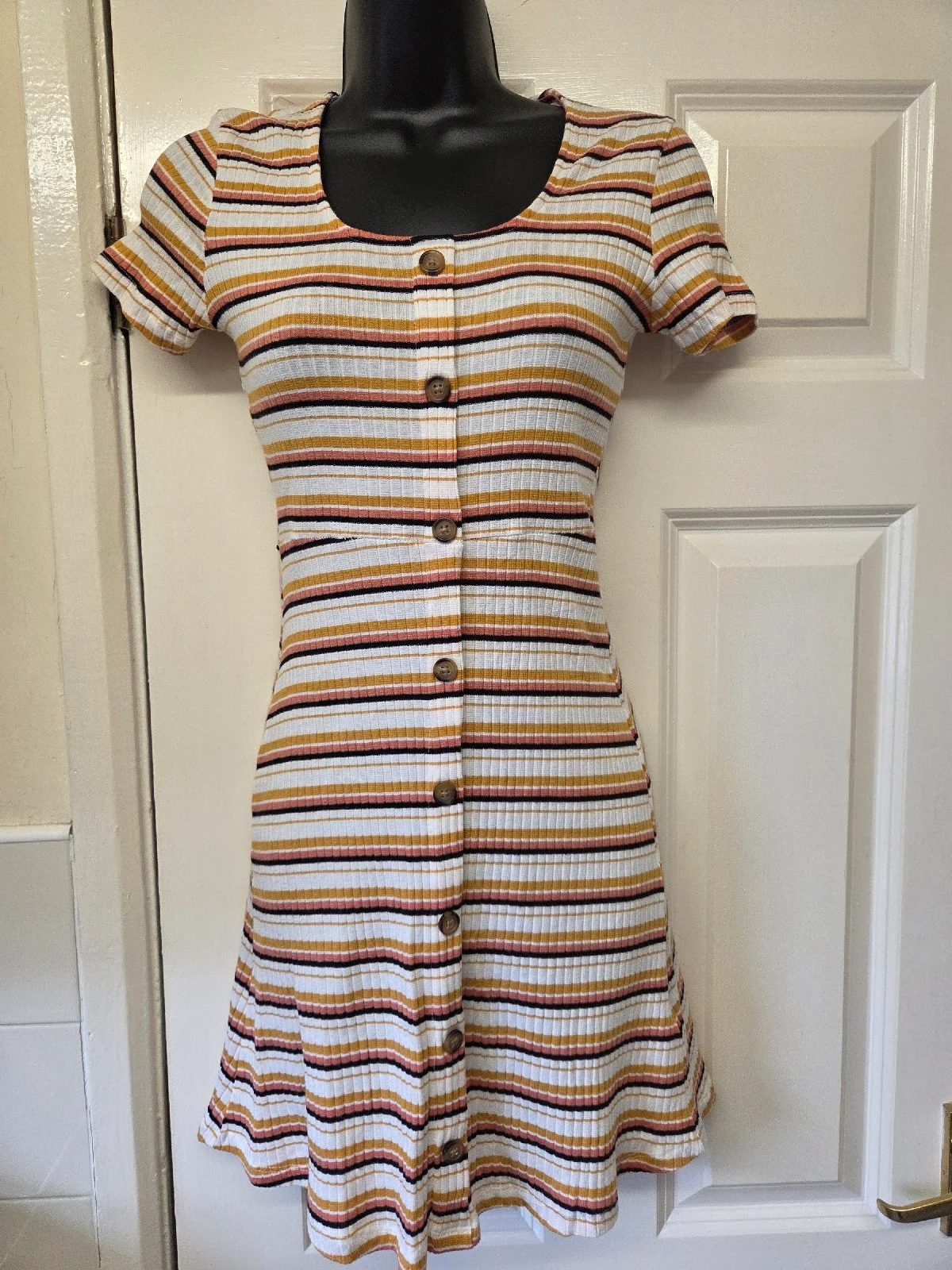 Primark Striped Ribbed Mini Dress Size 4 Short Sleeve Button-Down