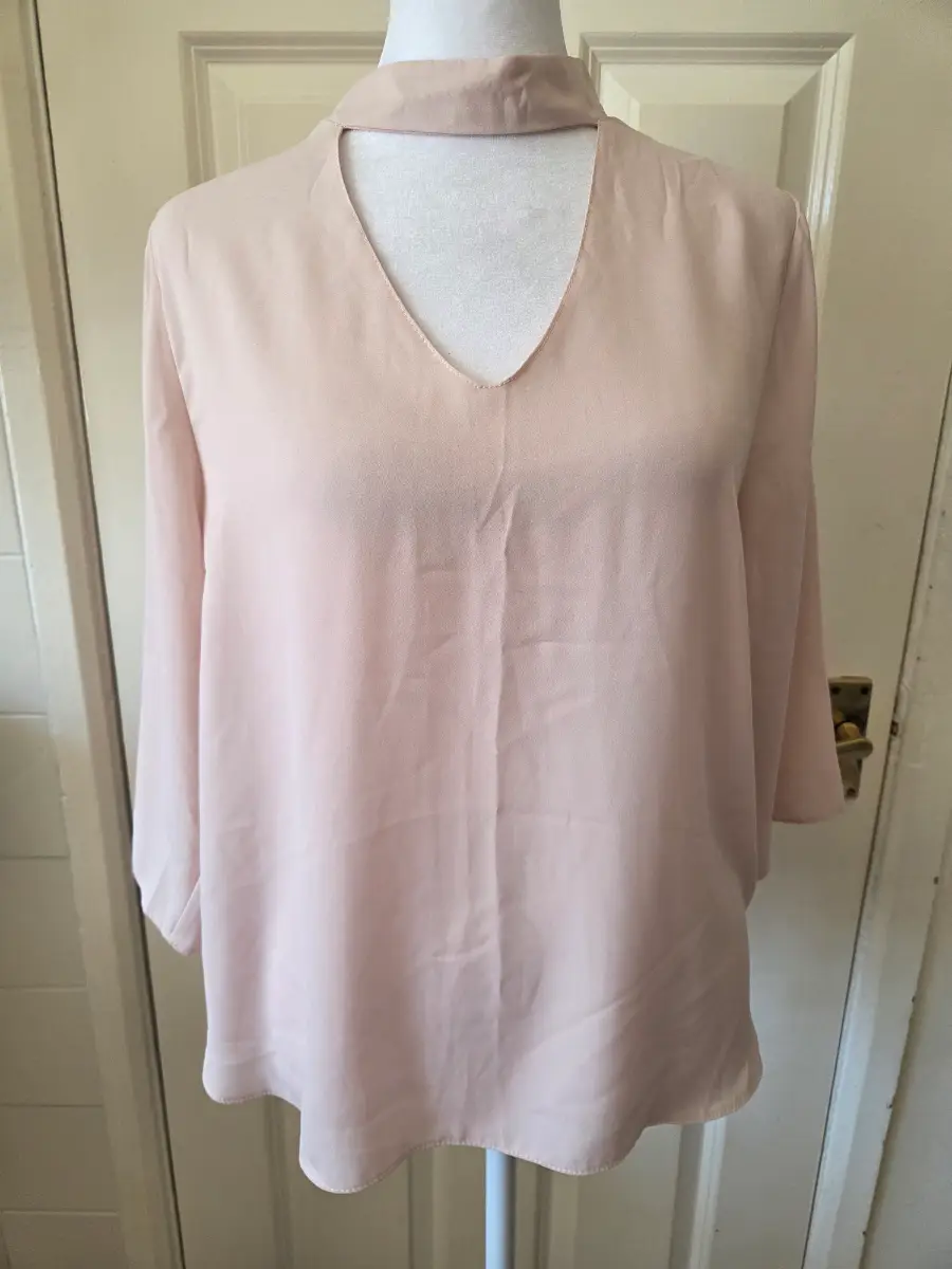 Atmosphere Pastel Pink Choker V-Neck Blouse. Size 14