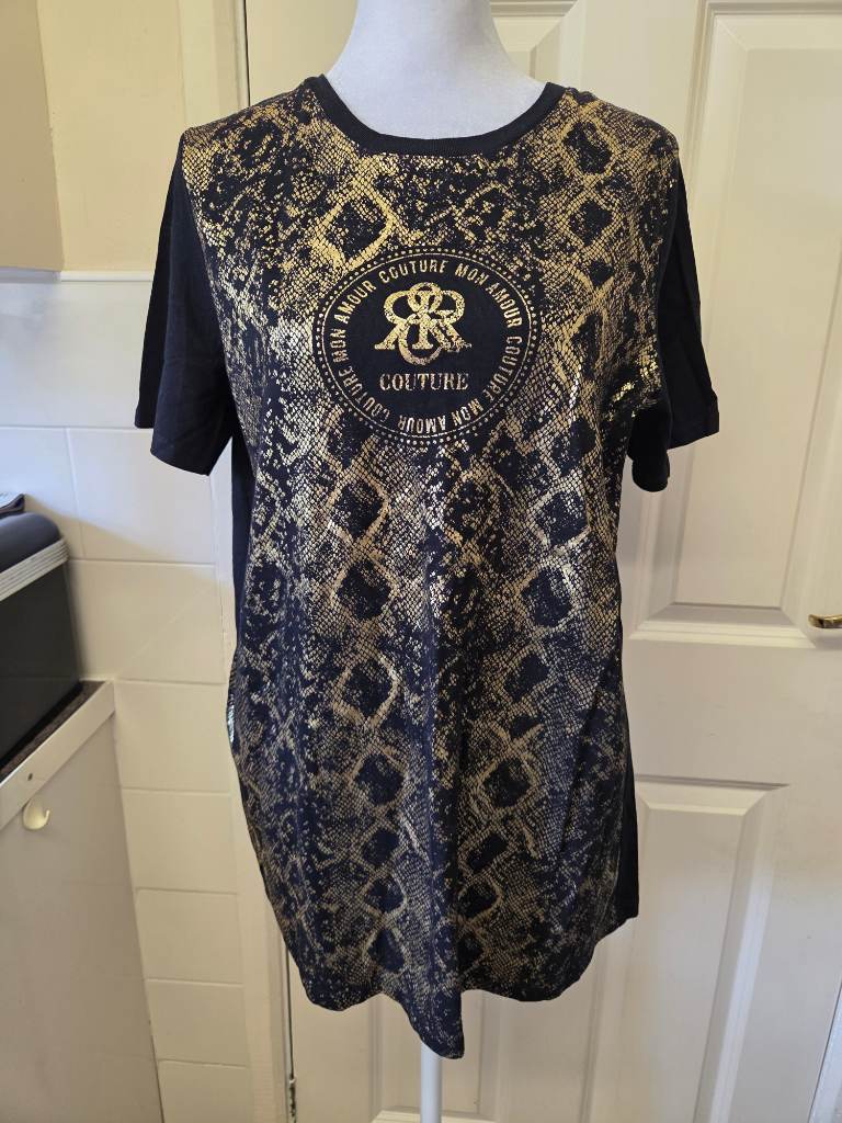 River Island Black & Gold Couture Graphic Print Tee. Size 10