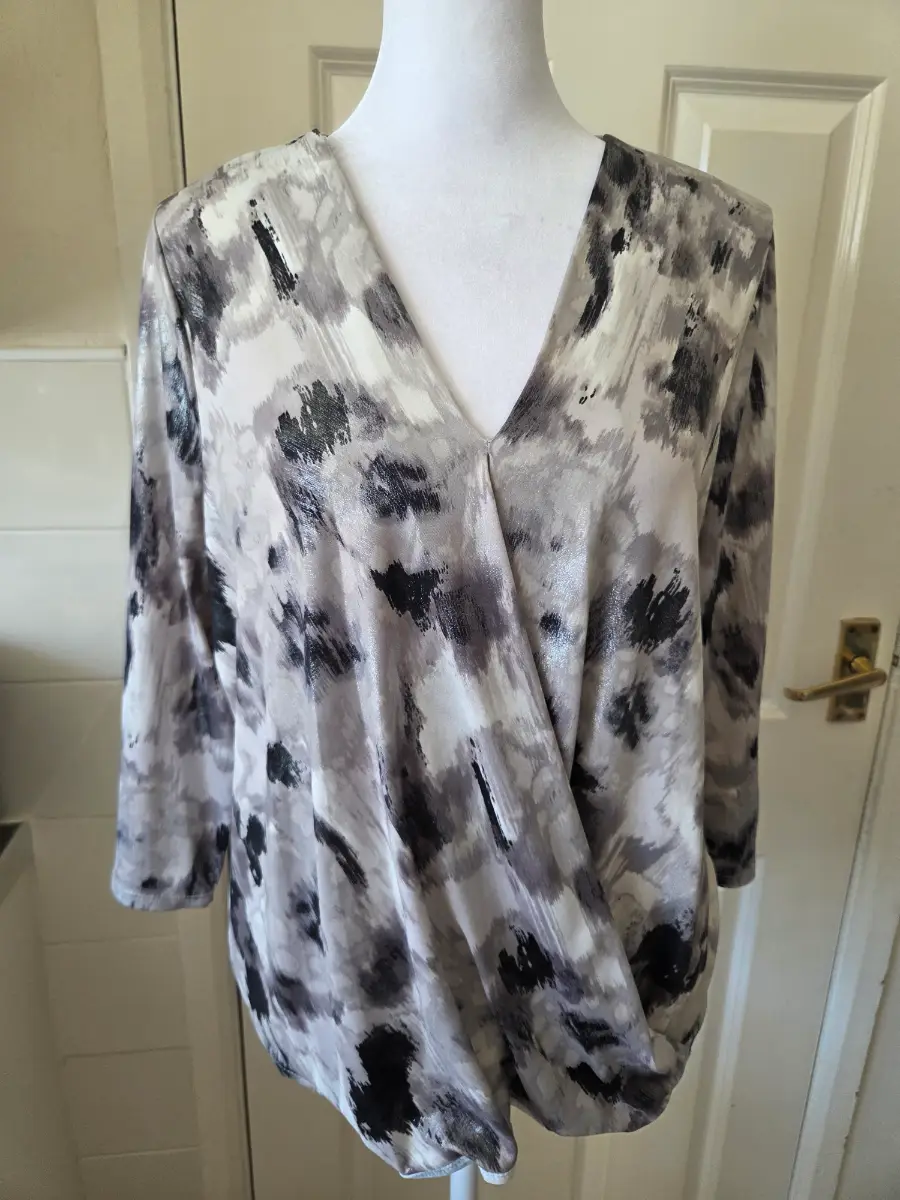 M&Co Petite Grey Abstract Print Faux Wrap Blouse Top. Size 14