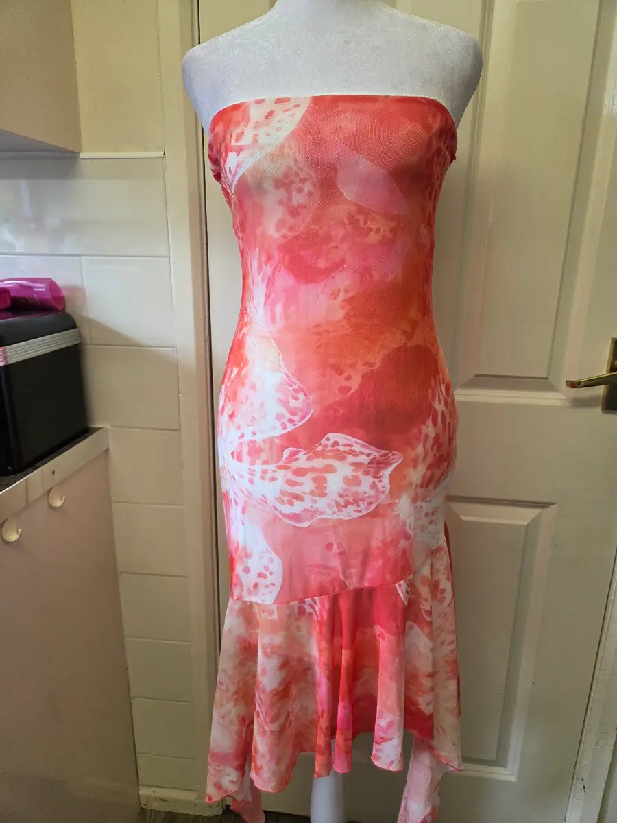 Vintage Y2K Asymmetrical Bandeau Mesh Midi Dress. Size Small