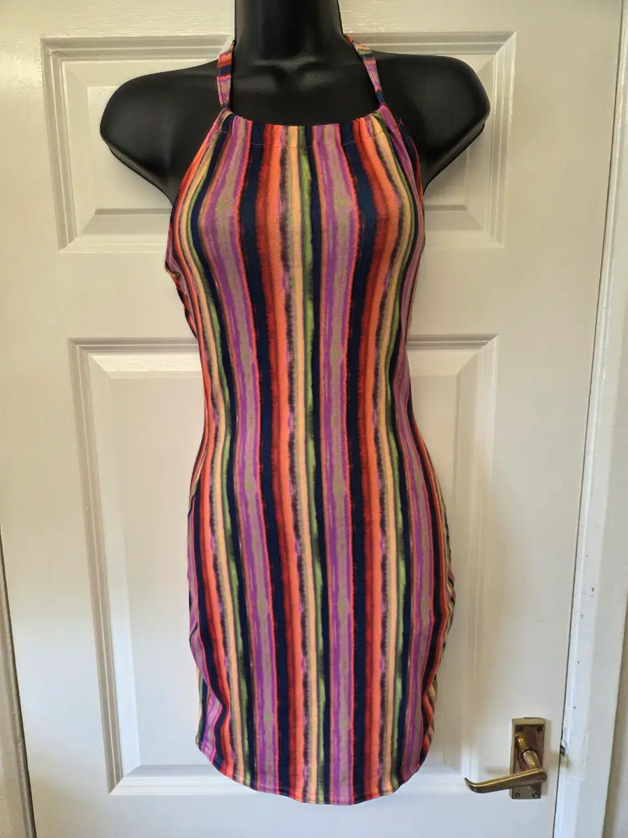 PrettyLittleThing Multicolor Vertical Stripe Halter Neck Mini Bodycon Dress Size 4