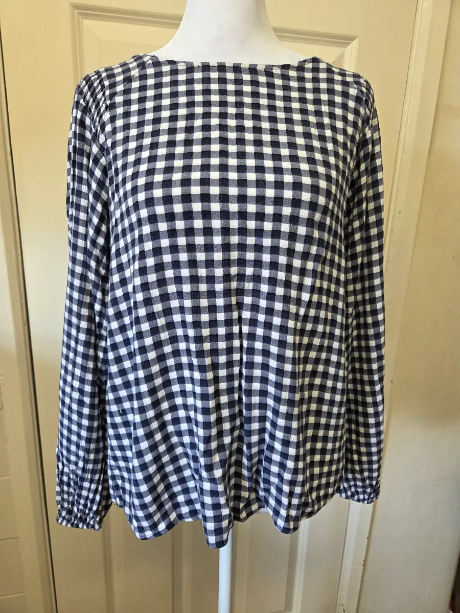 M&S Collection Navy & White Gingham Long Sleeve Top. Size 10