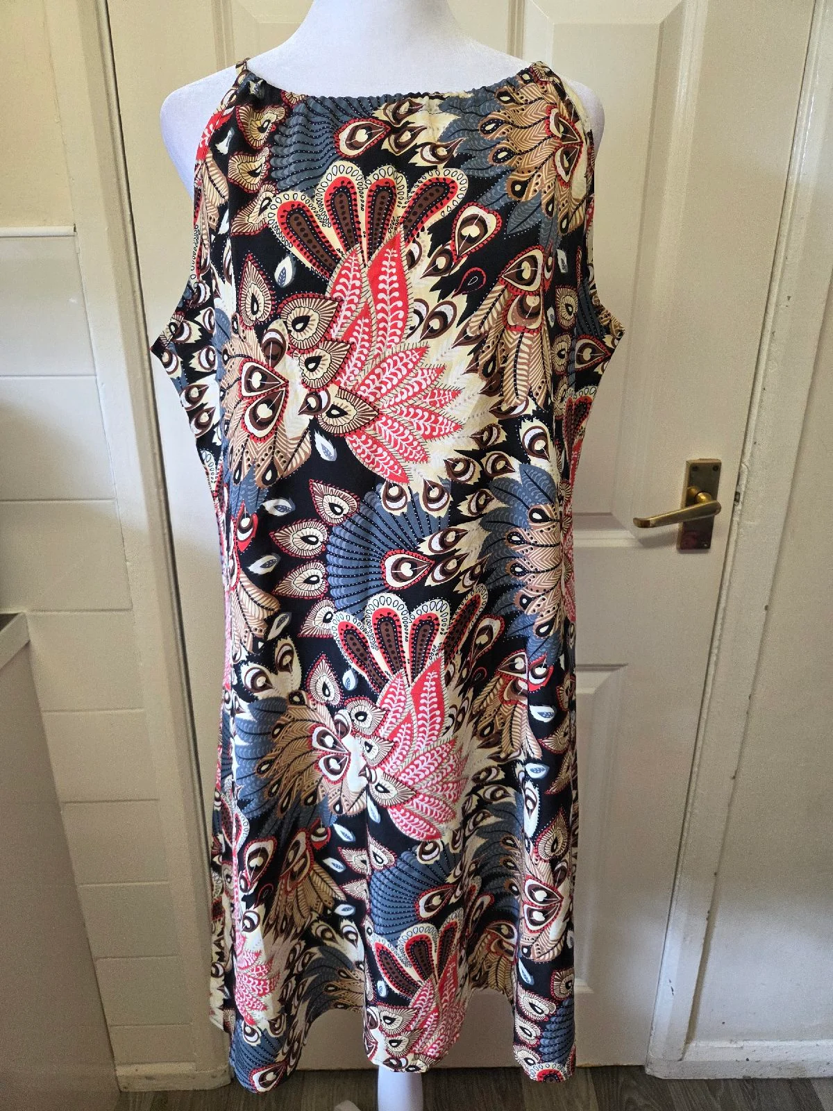 Boho Paisley Peacock Print Dress Size L Large Sleeveless Shift Summer