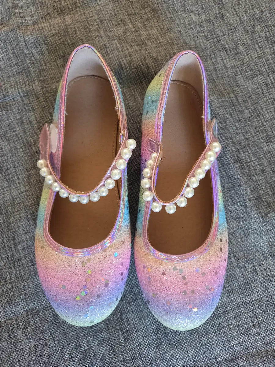 Pastel Rainbow Glitter Shoes with Pearl Strap. Size 35 (UK2.5)