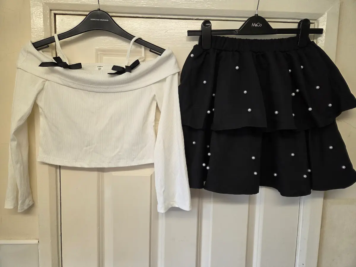 Shein Girls Co-ord Set- Off-The-Shoulder Top & Pearl Tiered Skirt  Age 10
