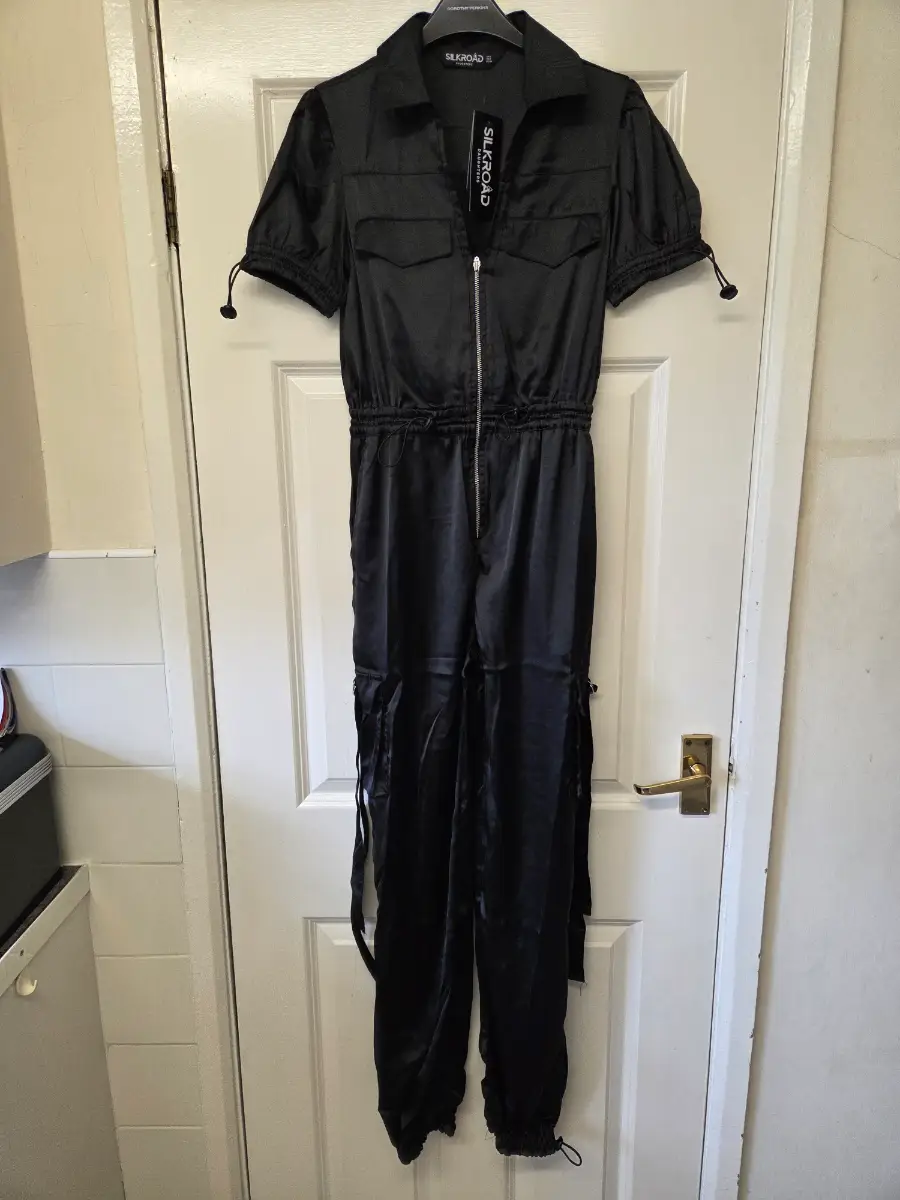 Silkroad Daughters Black Satim Cargo Utility Jumpsuit. Size 6