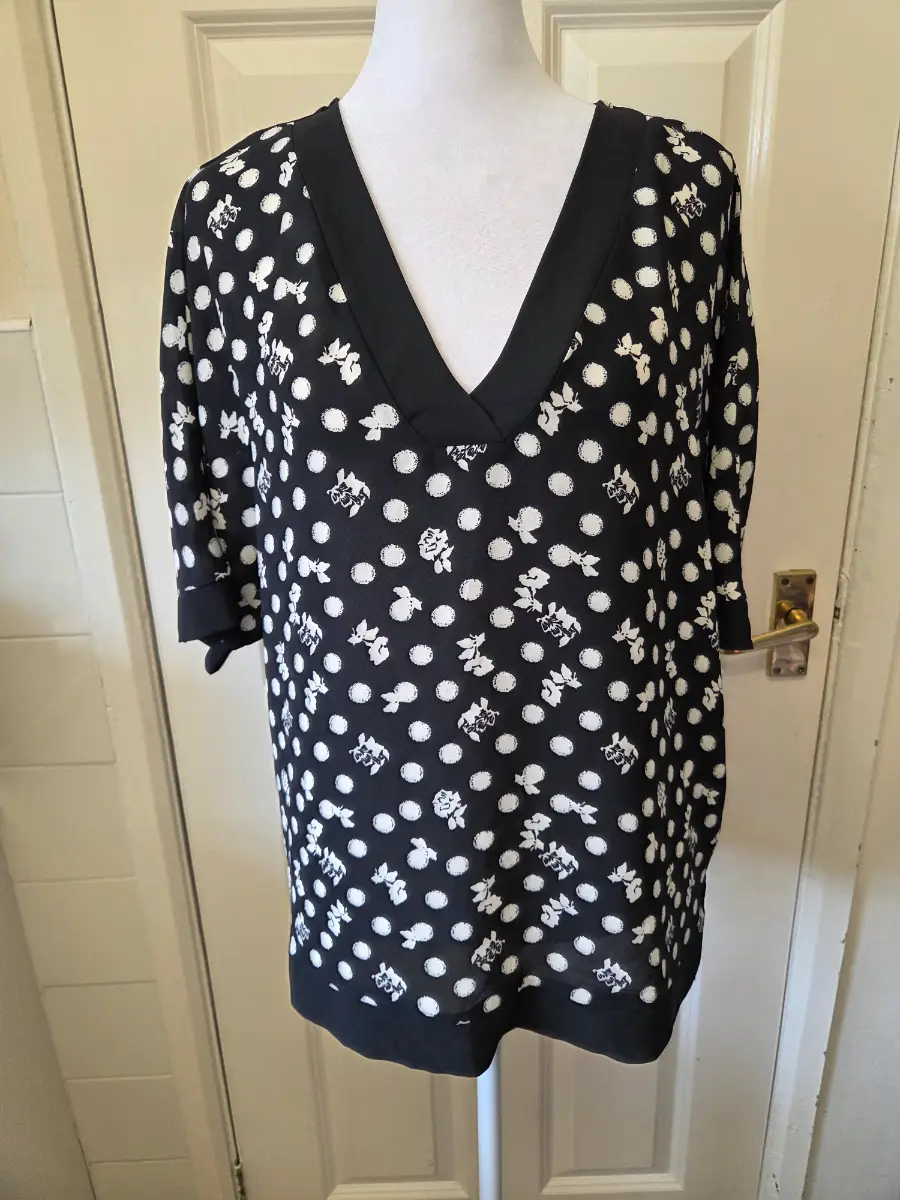 Next Black & White Polka Dot Floral V-Neck Blouse Top Size 10