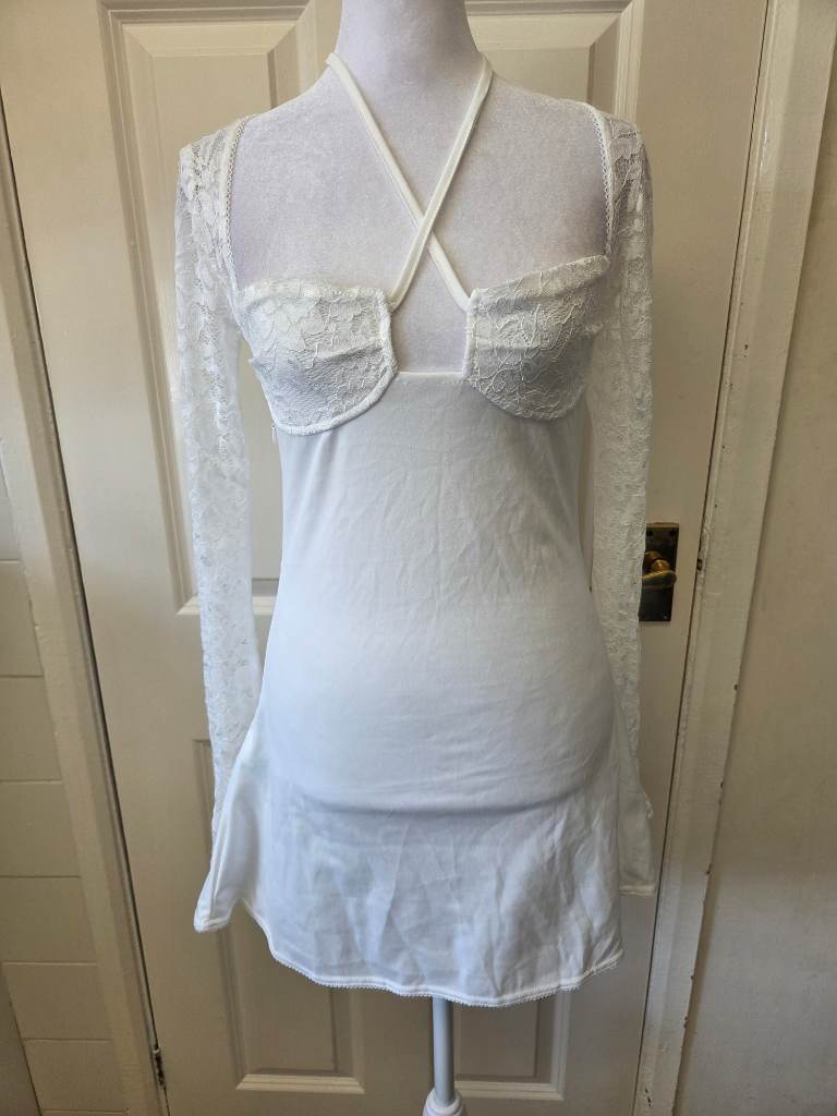 White Halterneck Corset Dress with Lace Sleeves. Size Small