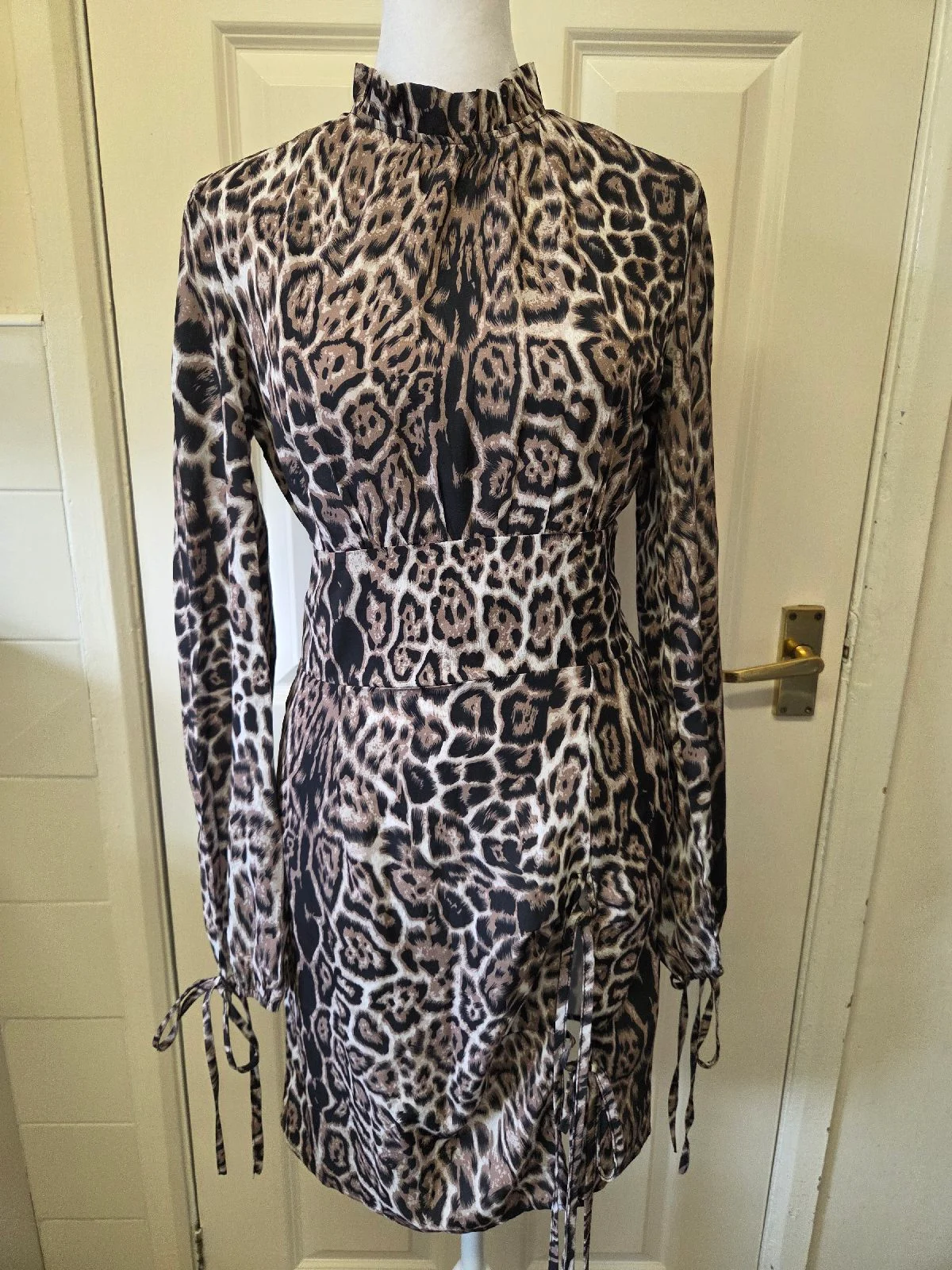 PLT Leopard Print High Neck Ruched Mini Dress. Size 8