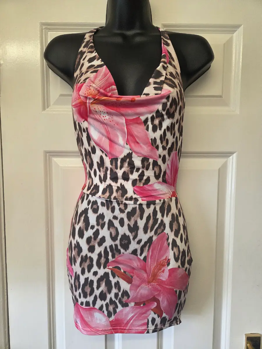 Stylewise Leopard & Pink Lily Halter Mini Dress. Size 6