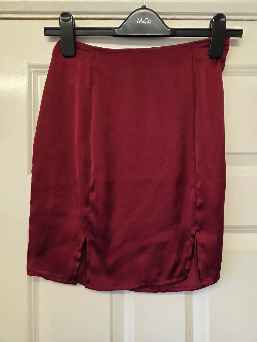 South Beach Burgundy Satin Mini Skirt with Slits. Size 8