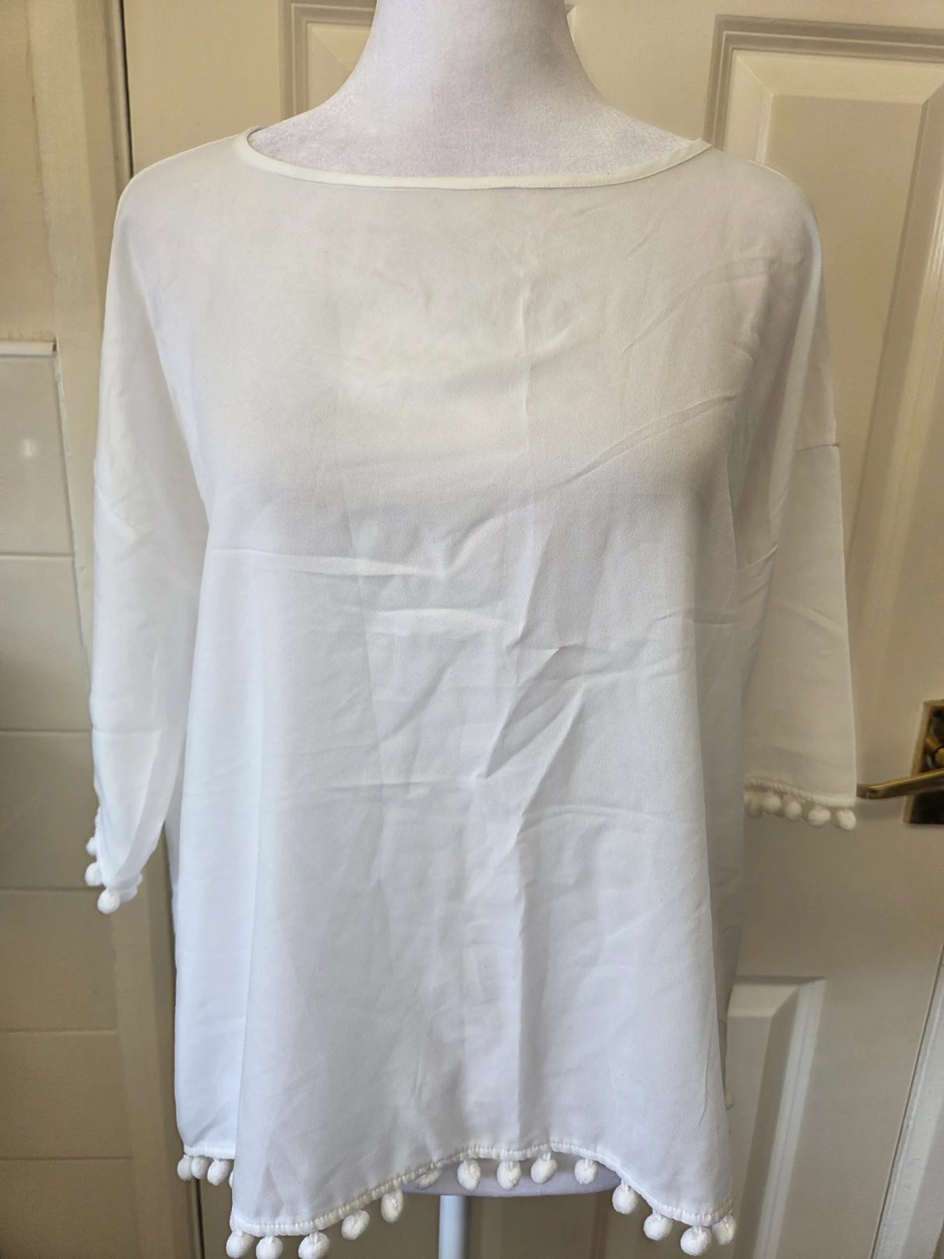 French Connection White Pom-Pom Trim Tunic Blouse Top Size Small