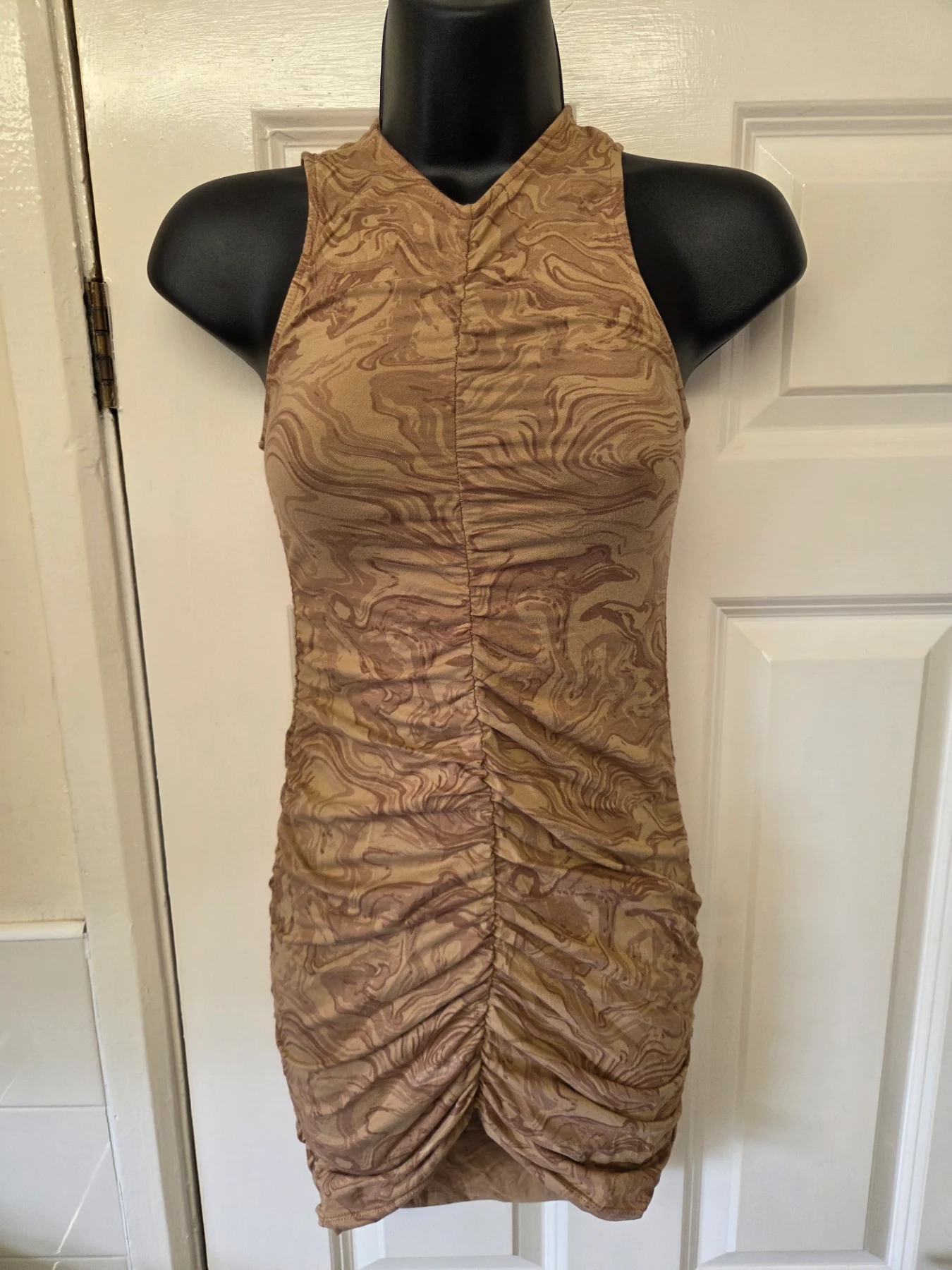 Motel Rocks Aeliran Fluid Marble Mini Dress Brown & Beige. Size XXS (UK 6)