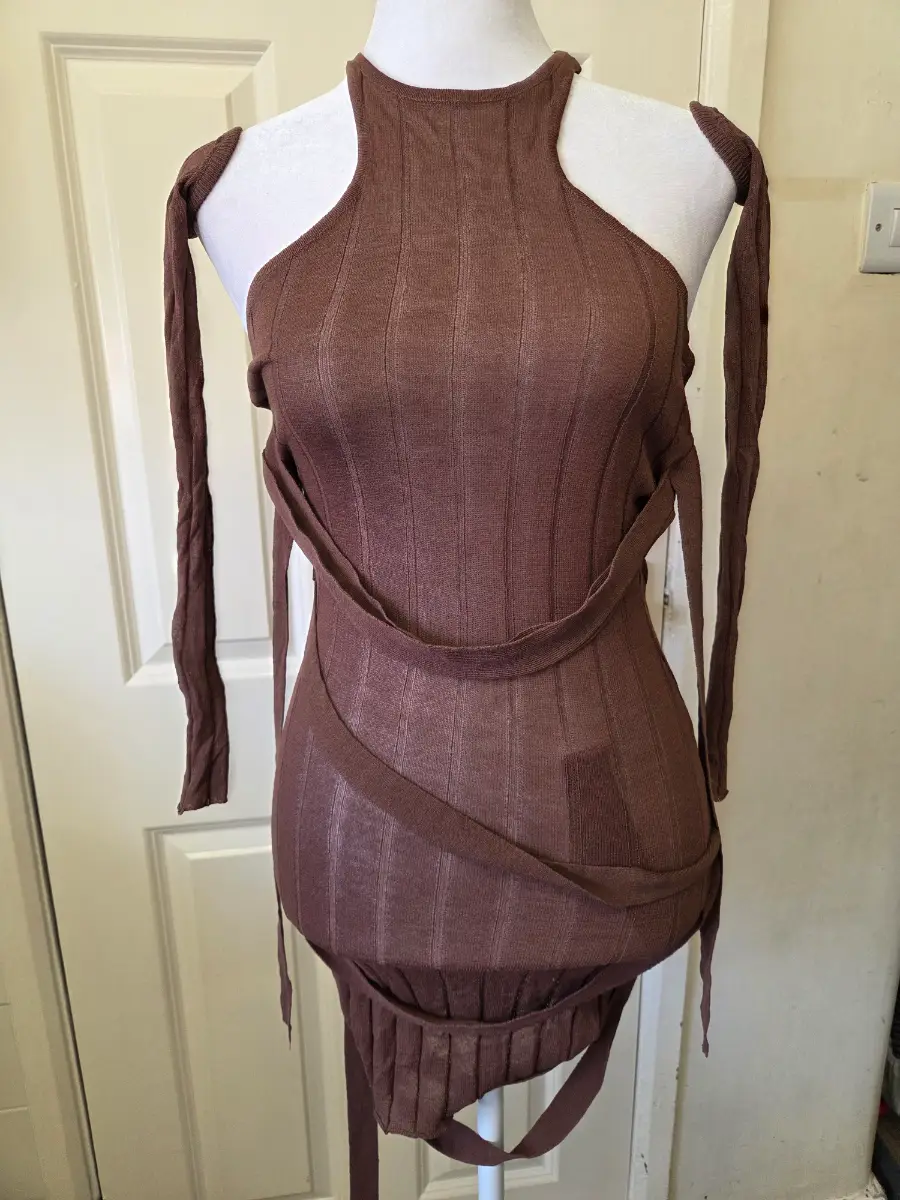 PrettyLittleThing Chocolate Brown Ribbed Halter Neck Mini Dress. Size 6