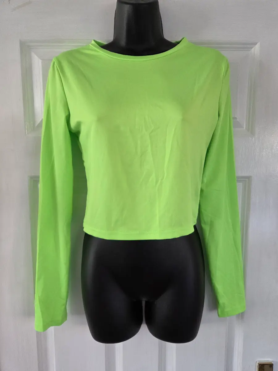 Neon Lime Green Crew Neck Long Sleeve Crop Top - Size M (UK10) Medium (UK10