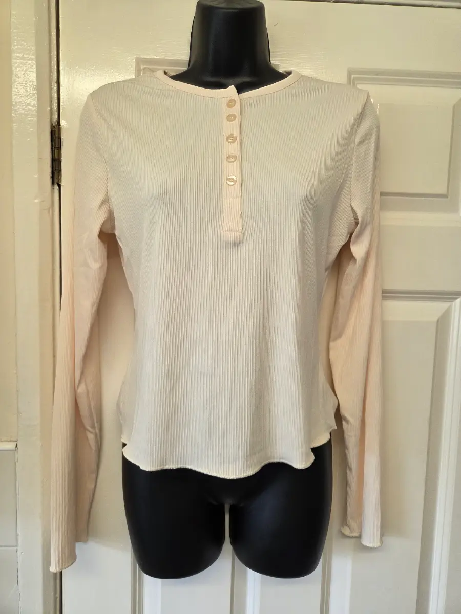 Tiktok Viral Cream Ribbed Henley Long Sleeve Top. Size L (UK12)