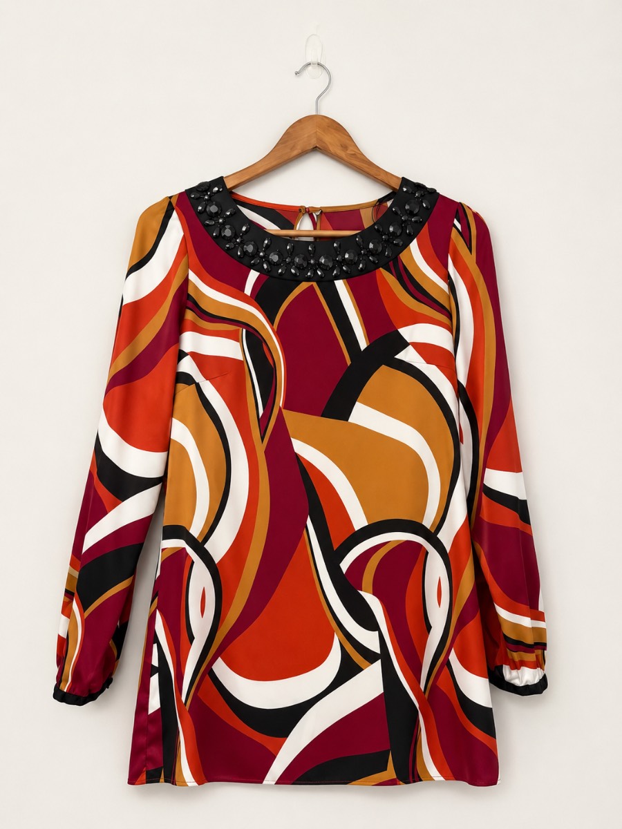 Papaya Matalan Abstract Print Embellished Tunic Top UK 12 Orange Burgundy Long Sleeve