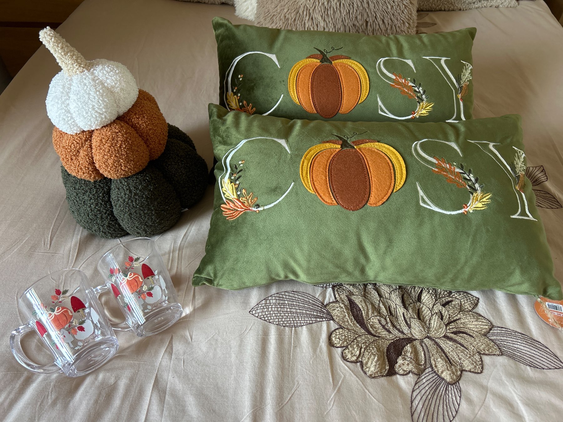 Pumpkin Themed Cosy Pillows Glass Coffee Mugs Bundle