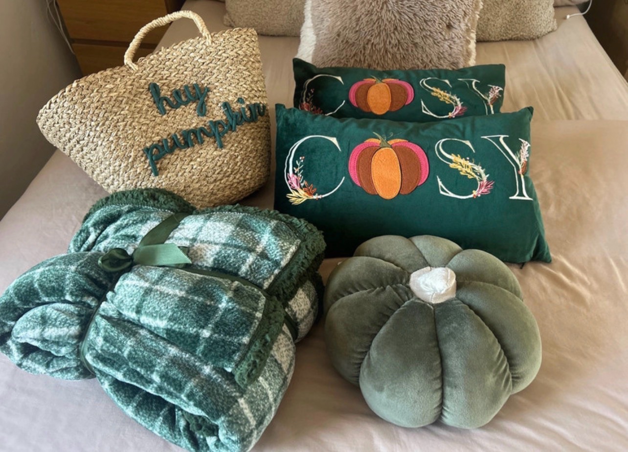 Autumnal Pumpkin Themed Pillows Basket Blanket Cushion Bundle