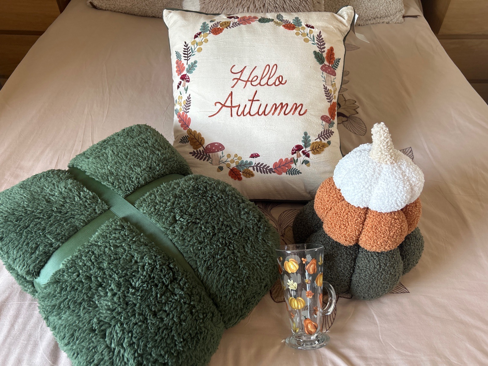 Green  Pumpkin Themed Pillow Cushion Stack Fleece Blanket Latte Mug